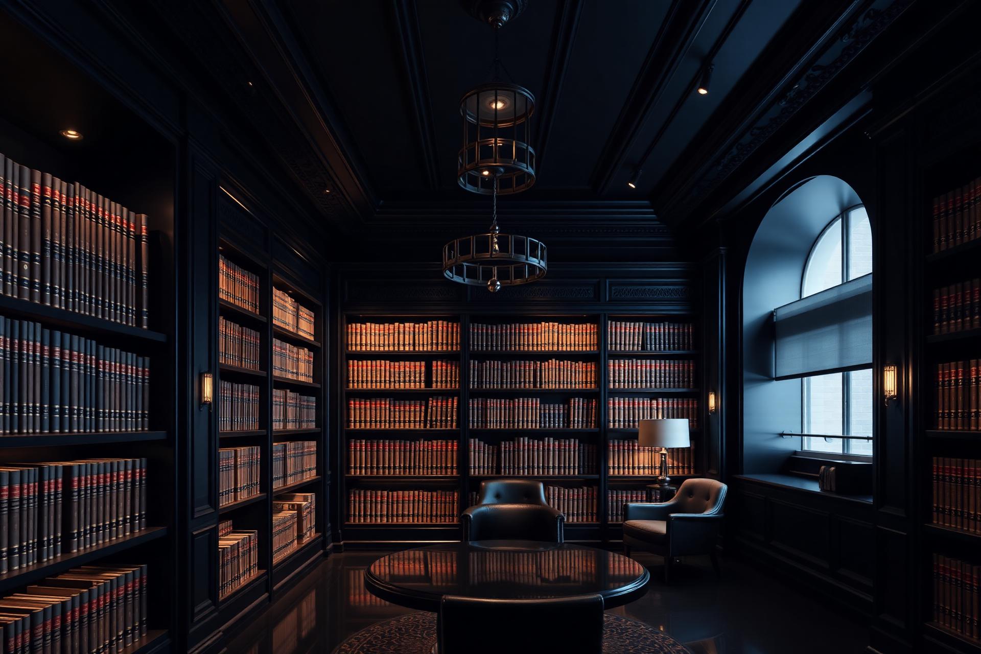 Biblioteca jurídica clássica em tons sóbrios